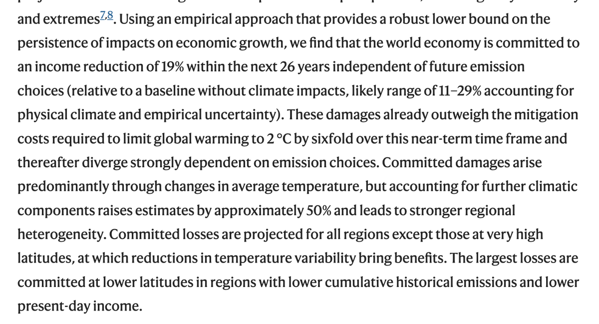 Davidxvx's tweet photo. The paper summarised in this @radionz article doesn't say what RNZ says.

Its finding is much worse: not "could reduce average incomes by 19 percent" but "the world economy is committed to an income reduction of 19% within the next 26 years independent of future emission choices" https://t.co/JpKmOUPMTc