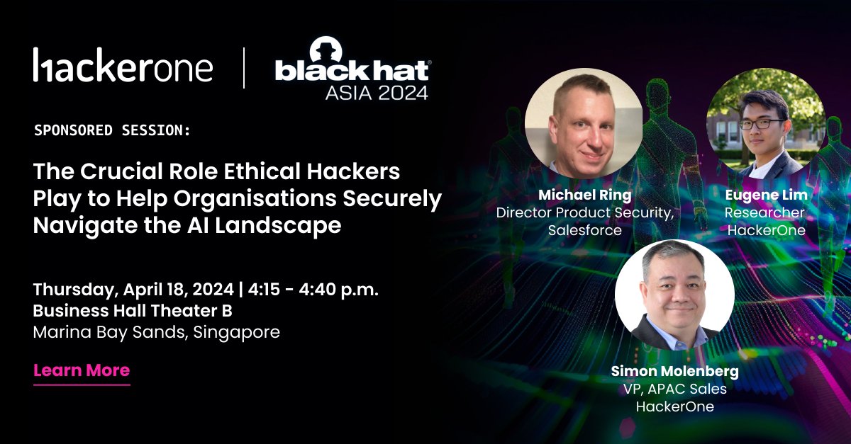 Today at #BHASIA! HackerOne’s @SimonMolenberg takes the stage with @spaceraccoonsec and Michael Ring from the @salesforce security team to discuss how top organizations work with ethical hackers to secure the dynamic AI landscape. See you there! bit.ly/444aLa0