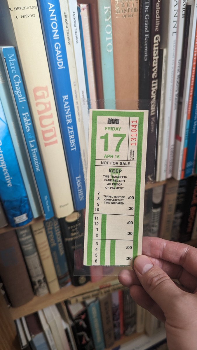 Happy April 17th. (Alas it's not Friday) My mom found an old @SFMTA_Muni transfer and it's now laminated so it can have a second life as a bookmark.