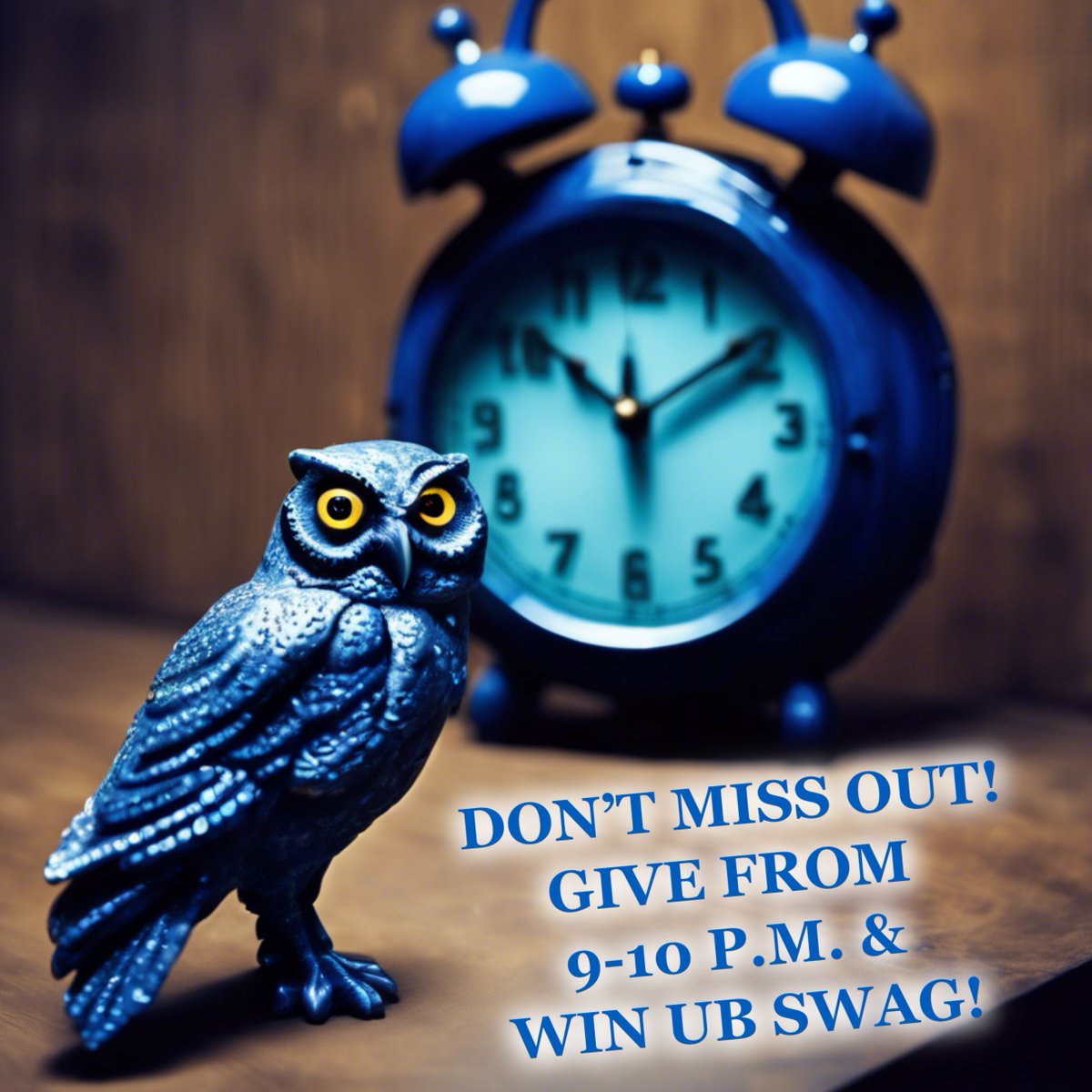 Calling all night owls in the @Jacobs_Med_UB community! It’s almost 9 p.m., & that’s important if you want to win UB swag! In honor of the 10th Annual #UBGivingDay, make a gift of $10.00+ TONIGHT between 9-10 p.m. & get #UBuffalo branded swag. Donate now: buff.ly/4aXjRYr