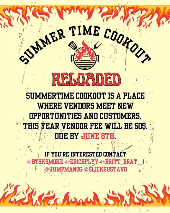 summertimecook1's tweet photo. This year SummerTimeCookOut is brought to you by Gifted Hands, Shang-A-Lang Apparel , Built Different, and Finesse Fit. This year cookout we get back into spreading love, positivity, and a good time violence free. Okayyyy we’re Reloadedddddd !!! #SummerTimeCookOutReloaded https://t.co/tqijMfVVQi