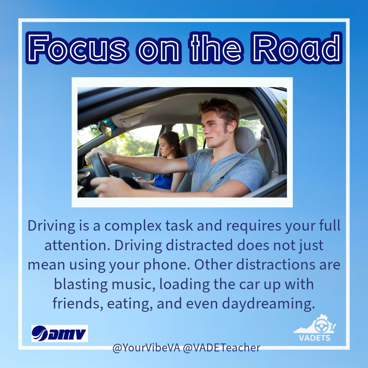 Focus on the Road
Driving distracted does not just mean using your phone. Other distractions are blasting music, loading up the car wih friends, eating and even daydreaming. Always drive focused on the road!
#MySpringVibe #ArriveAlive