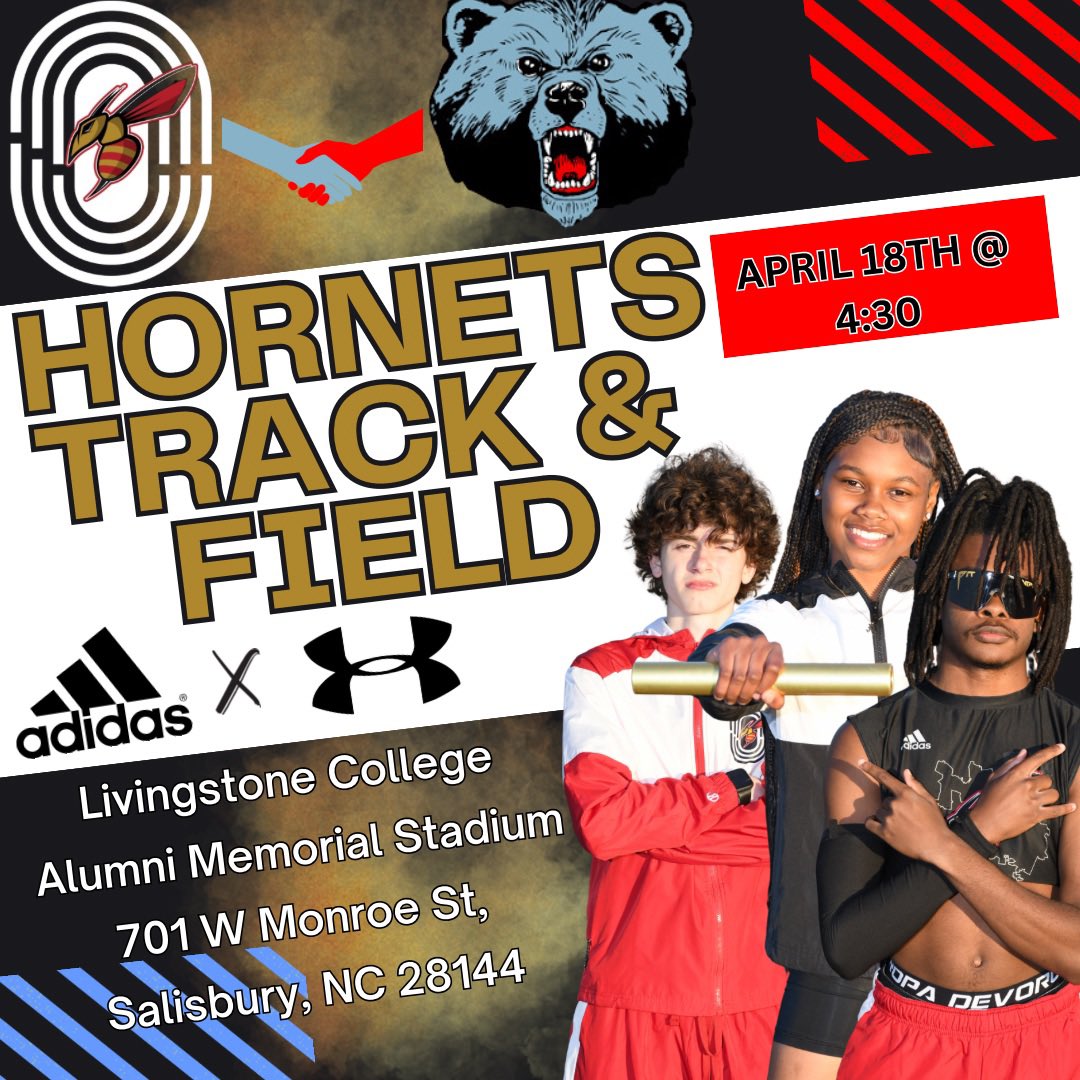SHS_Hornets's tweet photo. In partnership with Livingstone College, we are proud to announce Salisbury track and field will be hosting our upcoming home meet at Alumni Memorial Stadium on the campus of Livingstone College! We look forward to seeing you there! #TogetherWeSwarm #WhoYaWith https://t.co/pF9bXYlwBq