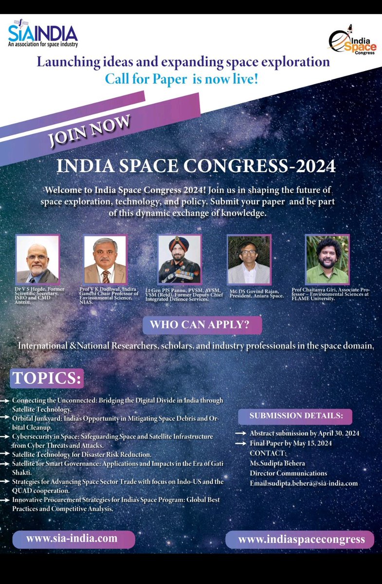Ready to push boundaries of #innovation? Join us at India Space Congress 2024! 🛰️ Submit your #groundbreaking research and innovations under the theme of #Bridging #Boundaries and #Transforming #Tomorrow. 🌌 #CallforPapers now open! Visit indiaspacecongress.com #SpaceTech