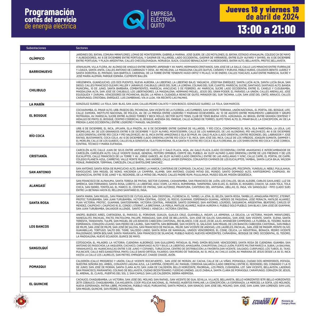 spermaradio_com's tweet photo. 🚨Atención estos son los #horarios de #cortedeluz en #Quito para este jueves 18 y viernes 19 de abril de 2024.
Visiten la página de la @ElectricaQuito
#cortedeluzecuador #sinluz #spermaradio #Ecuador #fyp #viral #parati #luz #postviral #Descontrolec https://t.co/juJajIhicg