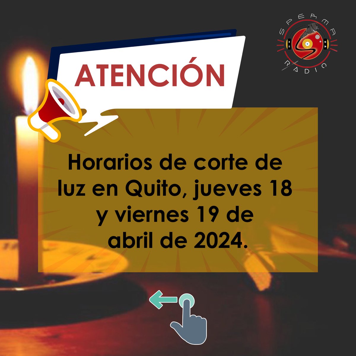 spermaradio_com's tweet photo. 🚨Atención estos son los #horarios de #cortedeluz en #Quito para este jueves 18 y viernes 19 de abril de 2024.
Visiten la página de la @ElectricaQuito
#cortedeluzecuador #sinluz #spermaradio #Ecuador #fyp #viral #parati #luz #postviral #Descontrolec https://t.co/juJajIhicg
