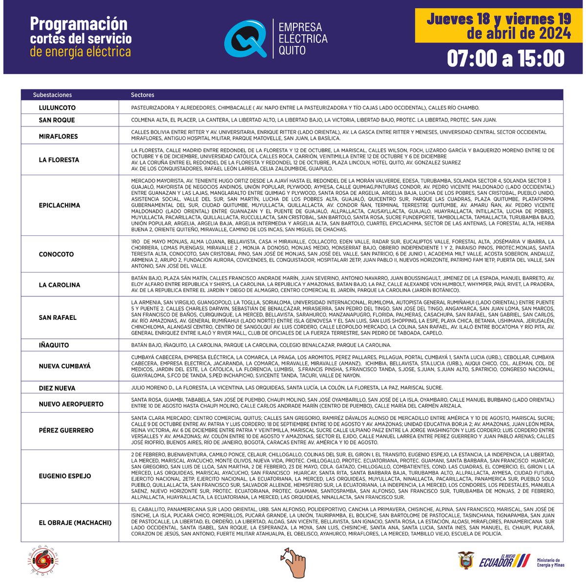 spermaradio_com's tweet photo. 🚨Atención estos son los #horarios de #cortedeluz en #Quito para este jueves 18 y viernes 19 de abril de 2024.
Visiten la página de la @ElectricaQuito
#cortedeluzecuador #sinluz #spermaradio #Ecuador #fyp #viral #parati #luz #postviral #Descontrolec https://t.co/juJajIhicg