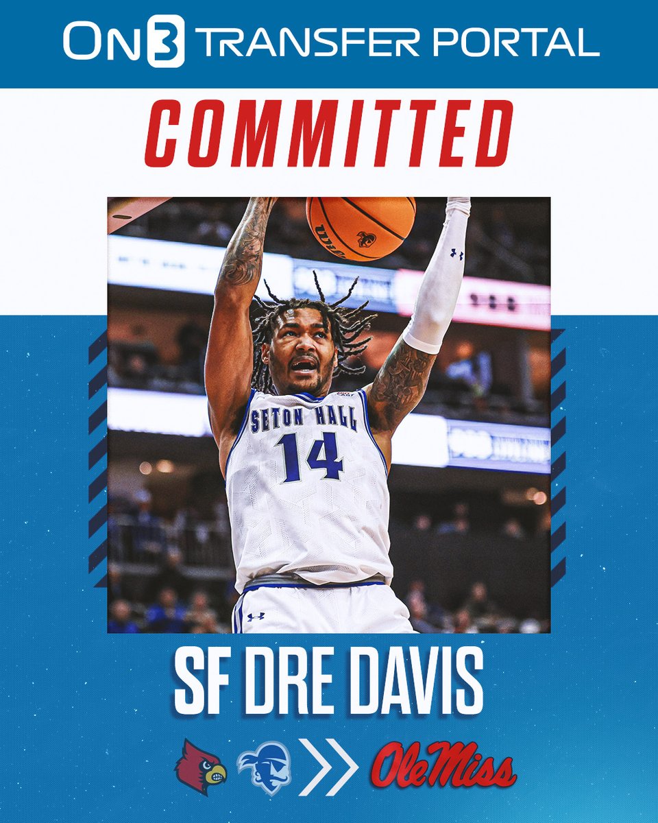 Ole Miss adds its third commit to the portal class. Seton Hall's Dre Davis commits to the Rebs before on his OV. In 2023-2024, the 6-foot-5 forward helped Seton Hall win the NIT, averaging 15 points and six rebounds per game. @OMSpiritOn3 has more here on3.com/teams/ole-miss…