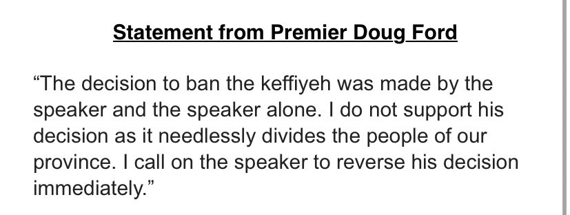 #BREAKING: Ontario Premier Doug Ford says he doesn’t support the Speaker’s keffiyeh ban in the legislature and calls on him to reverse it #onpoli