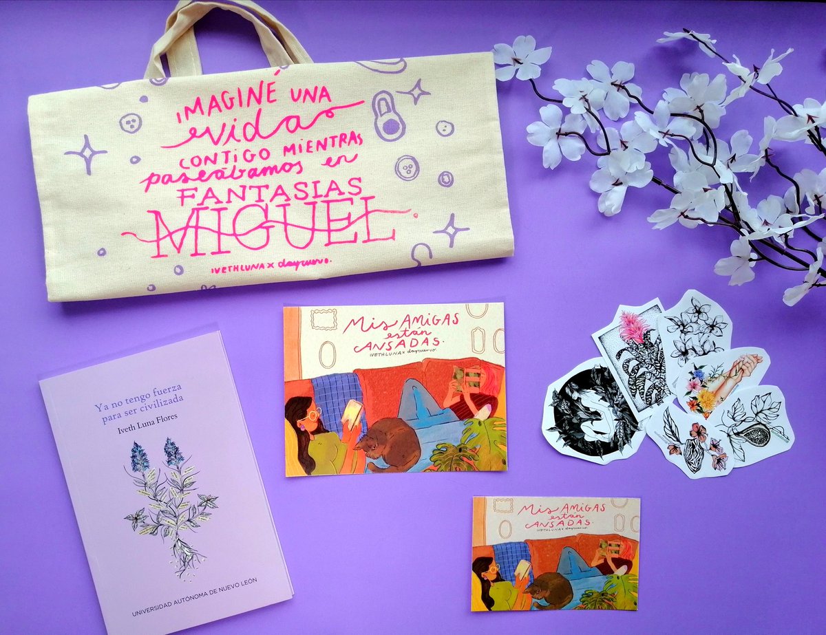 Holi, les traigo mi kit en preventa "Ya no tengo fuerza para ser civilizada" 💜. Costo $700 (envío incluido), libro firmado y postal pequeña con dedicatoria. Los stickers son ilustraciones de <a href="/PopperPotts_/">Mariana</a> y la tote y la postal son ilustraciones de <a href="/daycronopio/">✨day cuervo✨</a> 🪷. RT por fis. 🤠