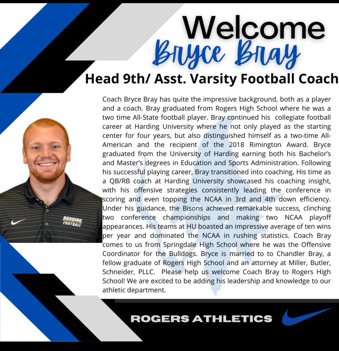 Welcome New Mountie Head 9th/ Assistant Varsity Football Coach Bryce Bray! @RPS_Athletics @RHS_Williams @RogersMountieFB @RHSMounties
