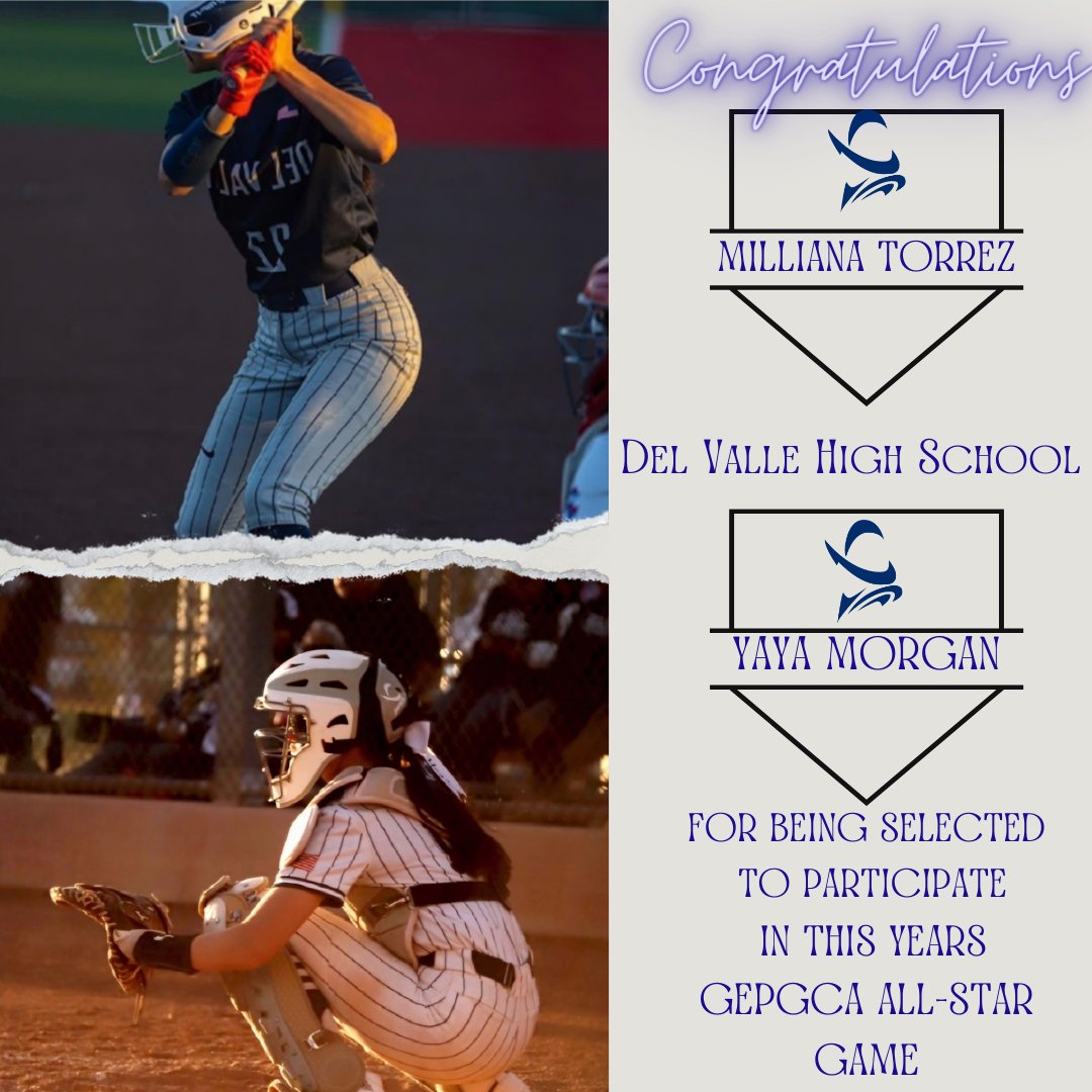 Congratulations to Milliana Torrez and Yaya Morgan for being selected to play in this years GEPGCA All-Star game. Tuesday, May 28, at Eastwood High School. Go out and support them! Big Bad Blue! @YayaM8224 @millianaatorrez @ContrerasDVOFOD @EPFastpitch915