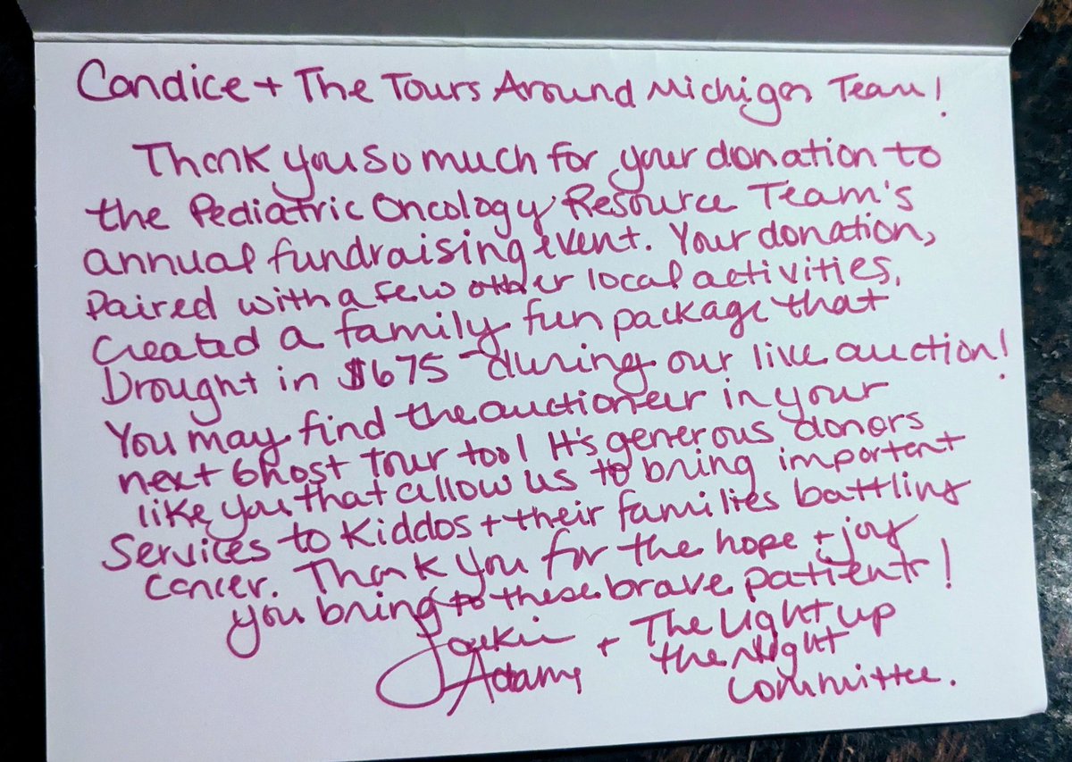 Love our supportive community. Excited our donated tour helped raise $675 for Pediatric Oncology Resource Team at @devoschildrens @CorewellHealth They help families with a child battling cancer or life-threatening blood disorder. Follow @ToursAroundMI for our #CharityTourSeries