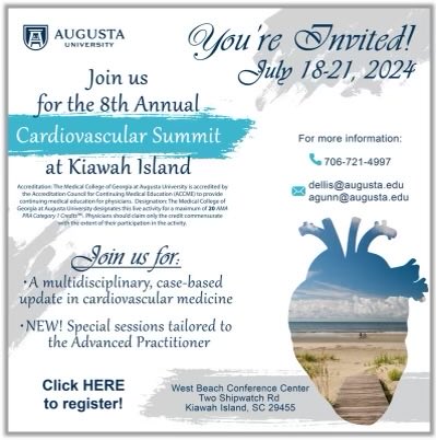 Thrilled to announce the upcoming Cardiology Conference at Kiawah Island this summer! Join us for cutting- edge discussions, networking opportunities, and breathtaking views. Link in bio. ⁦@MCG_AUG⁩ ⁦@MCGCardFellows⁩ ⁦@AUG_University⁩ ⁦@MCG_InternalMed⁩