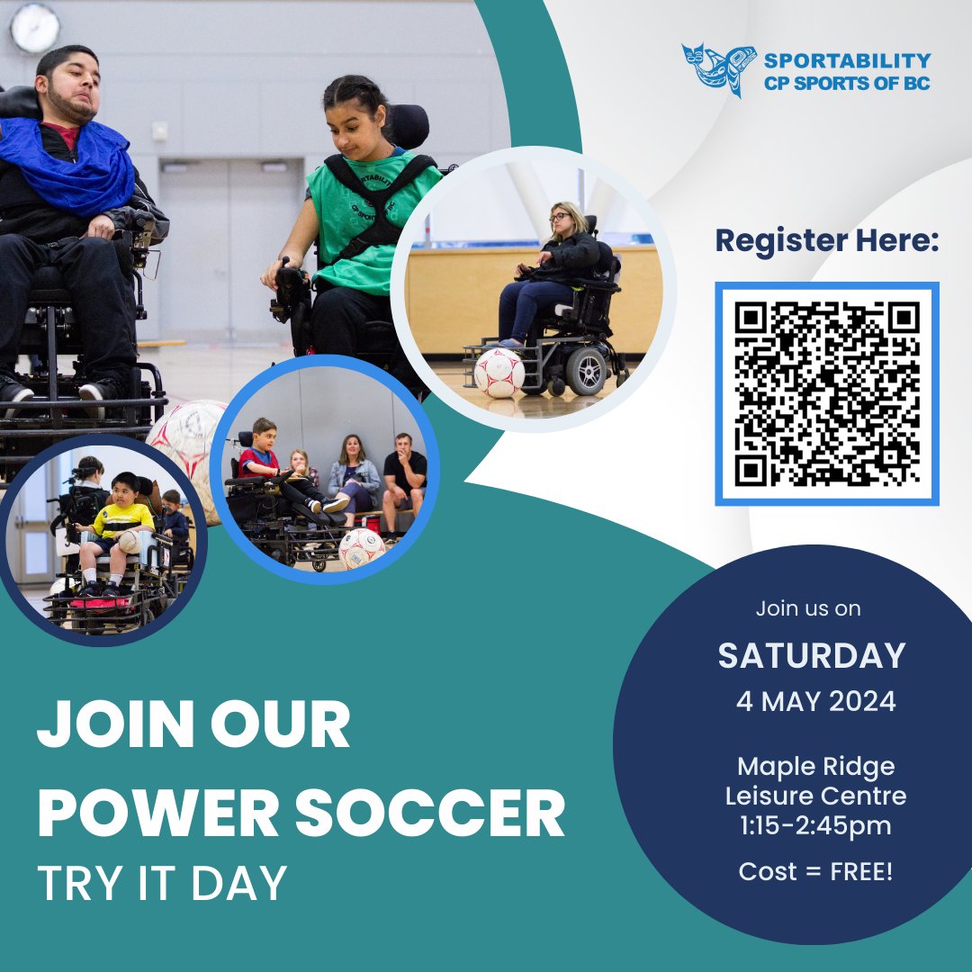 SportAbilityBC's tweet photo. SportAbility invites individuals who use powerchairs and are curious about power soccer to join us for an engaging and informative "Try It" session!

Saturday May 4th 2024 @ Maple Ridge Leisure Centre
Cost: FREE

Register by: Monday April 29th 2024

https://t.co/dxM7pUS5Y5 https://t.co/YCsVoKnxiy