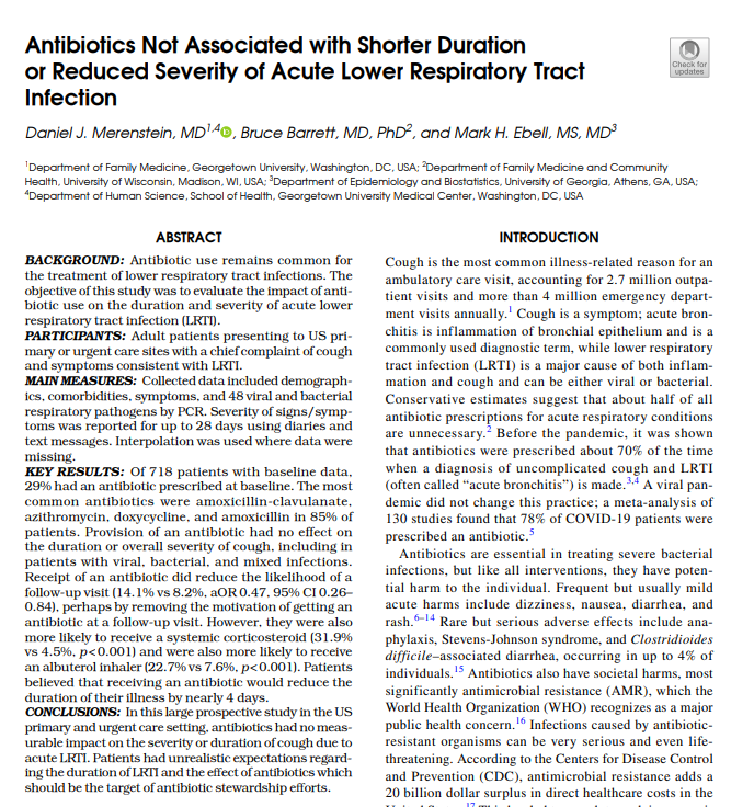 1/9
Really nice article by Daniel Merenstein, Bruce Barrett, and <a href="/markebell/">markebell</a> confirming that antibiotics do not help for acute bronchitis/LRTI. 

link.springer.com/article/10.100…