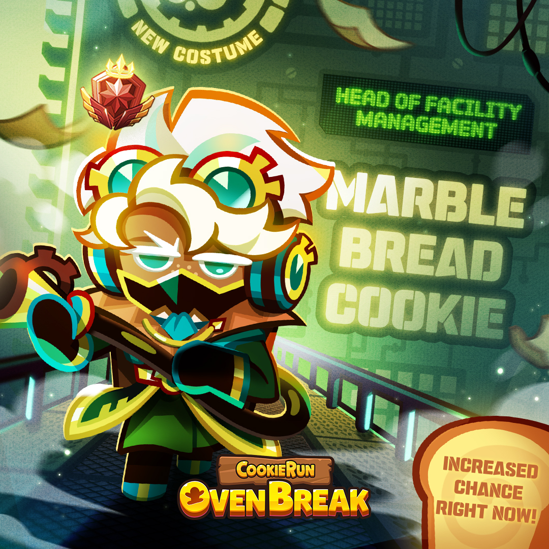 An unexpected perfection led to Marble Bread Cookie becoming the head of the Facility Management Division. Get the new Costume in the Special Costume Draw now! 🙌