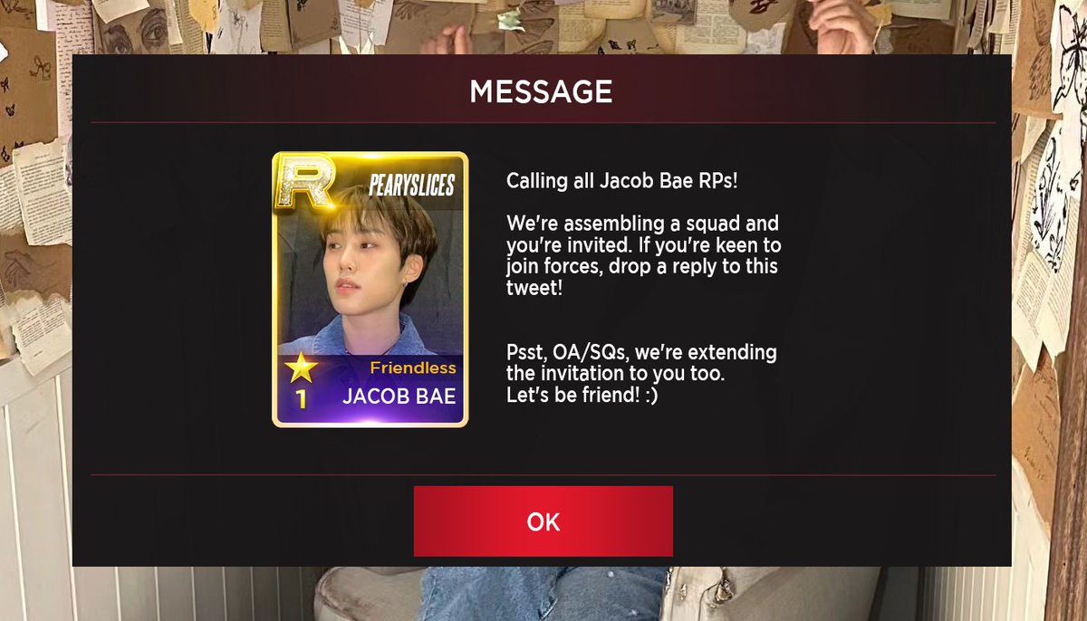 A repost and tag would be highly appreciated.

We are currently looking for all Jacob Bae roleplayers to join the club. We're also looking for another OA/SQs to become friends with. Kindly let us know by leaving a comment below if this interests you!