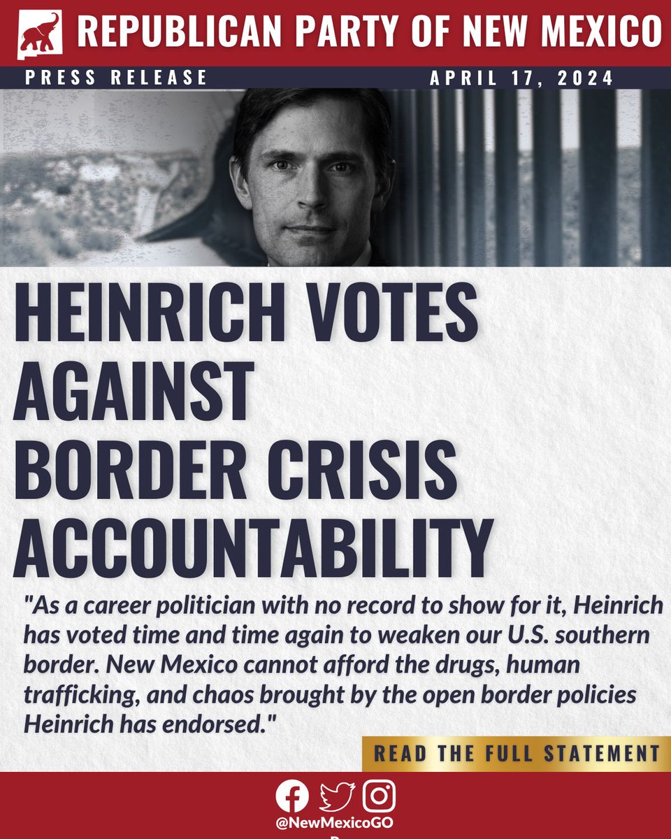 Heinrich Votes AGAINST Border Crisis Accountability APRIL 17 - On Wednesday, Senator Martin Heinrich voted against both impeachment charges against Joe Biden's DHS Secretary Alejandro Mayorkas. For three years, Mayorkas has lied and failed to uphold the U.S. Constitution and the