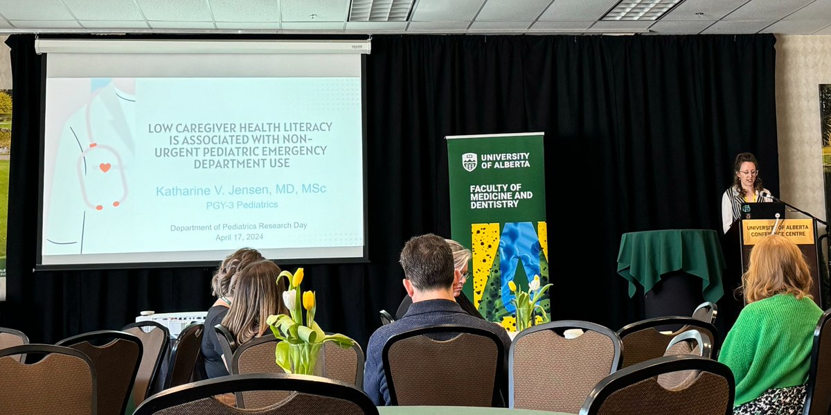 Dr. Katharine Jensen presenting at @UAlberta_FoMD Pediatric Research Day on caregiver health literacy and it's impact on pediatric emergency department utilization. Excited to see the next steps in this important research! @drsaminaali @WCHRIUofA