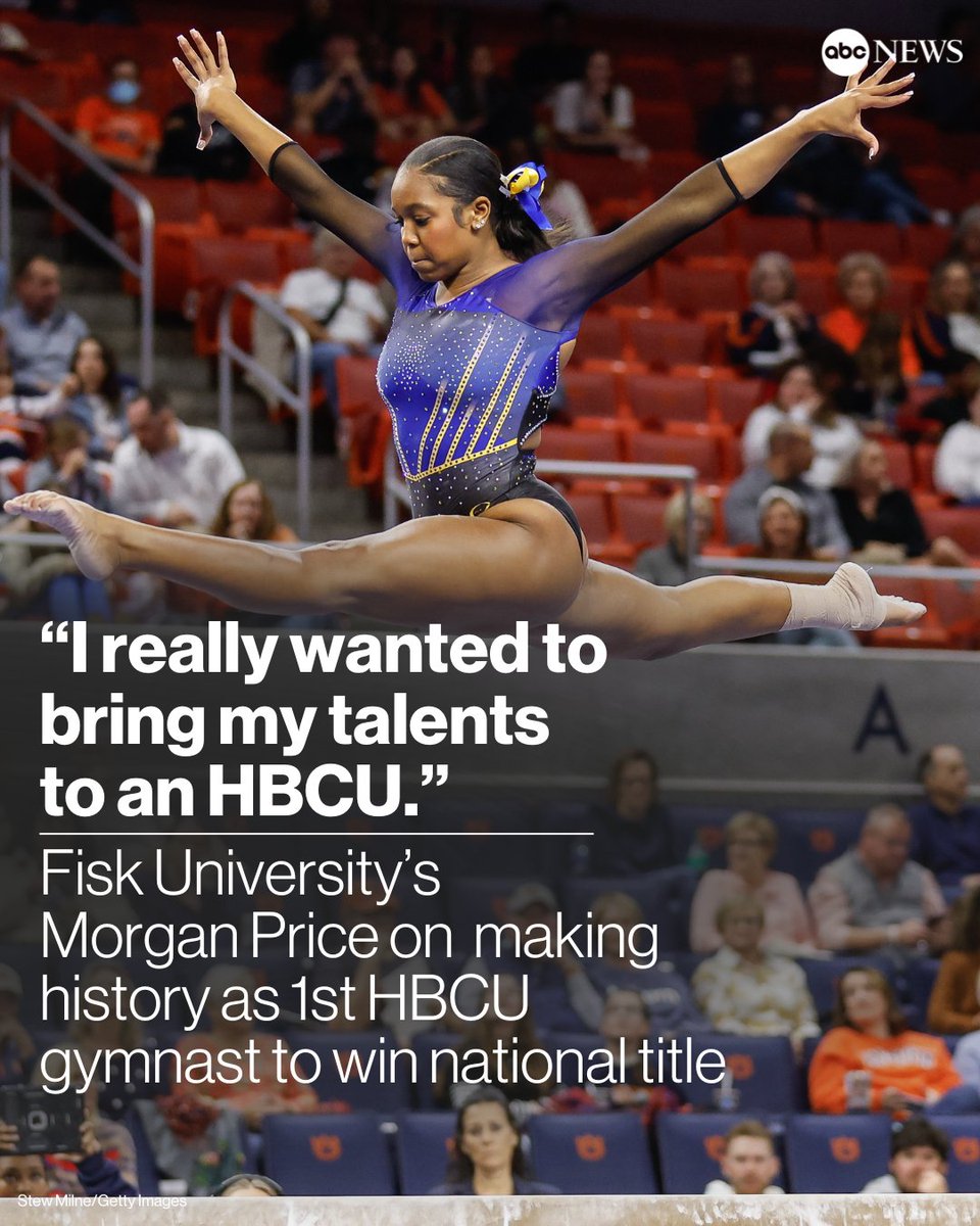 ABC's tweet photo. Morgan Price is speaking out after she made history by becoming the first gymnast from a historically Black college or university to win a collegiate national title.
https://t.co/r7ntA8Zer5 https://t.co/UgI1ubMAds