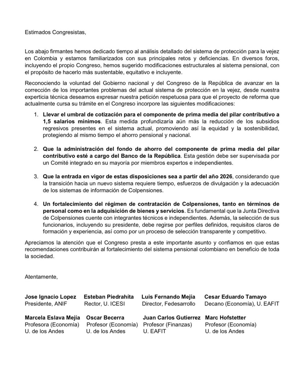 Desde academia y centros de pensamiento hacemos un llamado respetuoso al Congreso para que introduzca cambios en el PL de reforma pensional, con el fin de avanzar hacia un sistema mas sustentable, equitativo e incluyente. @ANIFCO @Fedesarrollo @CValorPublico @icesi @estebanpie