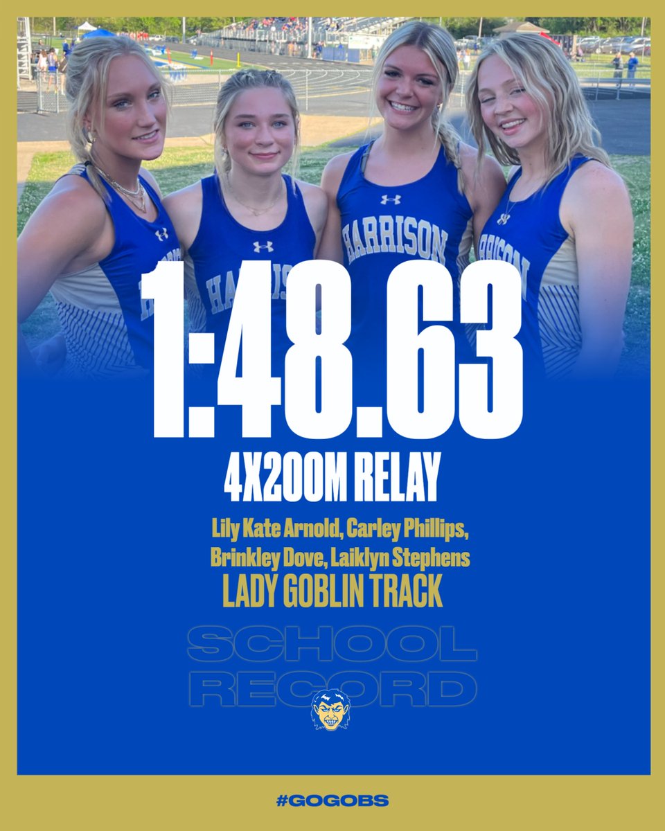 harrisongoblins's tweet photo. At the Bomber Relays in Mountain Home, Laiklyn Stephens, Brinkley Dove, Carley Phillips, and Lily Kate Arnold set a school record in the 4x200m relay. Their time of 1:48.63 eclipsed the previous record of 1:52.61 set back in 1990.  #GoGobs https://t.co/MTgKJ4eYvP