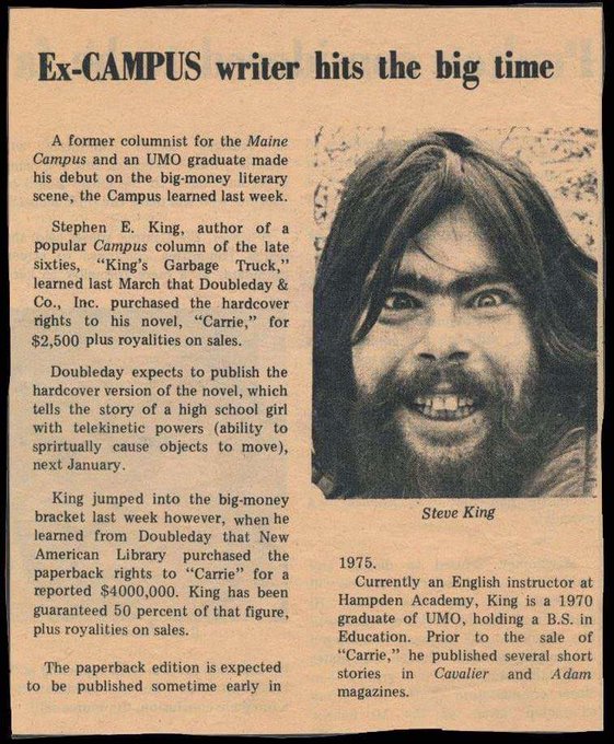 Stephen E. King sells his first book, 1975.