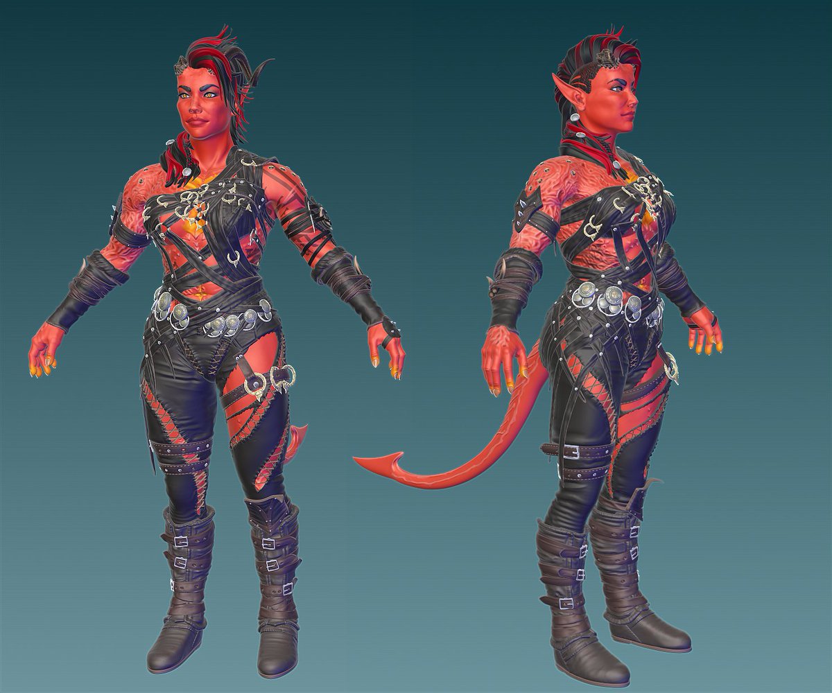 CaseyNotJones's tweet photo. Been picking away at my Karlach fan art for a bit, getting to finally pose now that her insane shirt made of belts and rings is done. #BaldursGate3 https://t.co/0dIk8pA18p