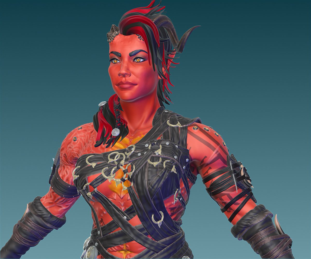 CaseyNotJones's tweet photo. Been picking away at my Karlach fan art for a bit, getting to finally pose now that her insane shirt made of belts and rings is done. #BaldursGate3 https://t.co/0dIk8pA18p