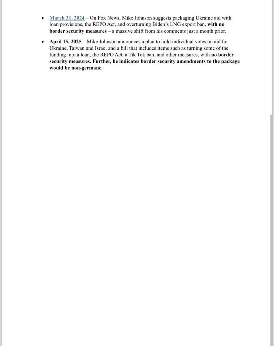 This remarkable document is being circulated by Republican House members. It shows that Mike Johnson was crystal clear for months: no Ukraine bill without a bill securing our southern border. After a Feb. 28 White House meeting, something changed. What happened?!