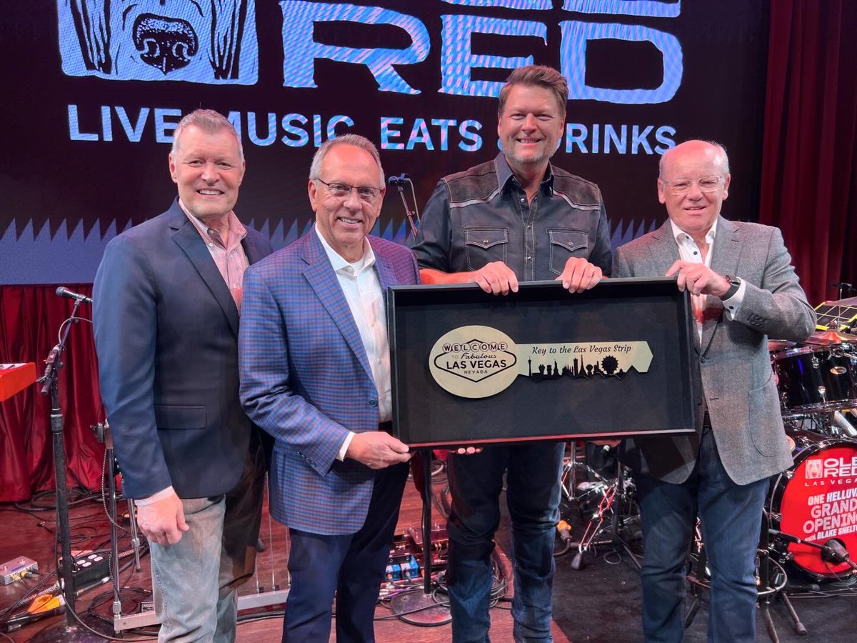 ClarkCountyNV's tweet photo. It’s @OleRed Day in #ClarkCounty! @CommishJGibson officially welcomed @blakeshelton and his new place to play Ole Red Las Vegas with a Key to the Las Vegas Strip🔑 A celebration only right for the venues official Grand Opening Night 2 🎉

In the Boss Man’s words, country music now has a permanent spot on the Las #Vegas strip where artists—big & small—from all over have a place to call home and showcase their talents. 

Cmsr. Gibson received a one-of-a-kind signed guitar from the Ole Red crew as a thank you for a years long collaboration that brought this unique venue to the Las Vegas Strip.