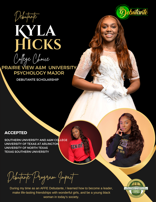 ArlingtonFEE04's tweet photo. Congratulations 2023 Debutante Kyla Hicks!!
We wish you the best of luck at Prairie View A&amp;M University in the Fall!! https://t.co/GgnjtukRWK