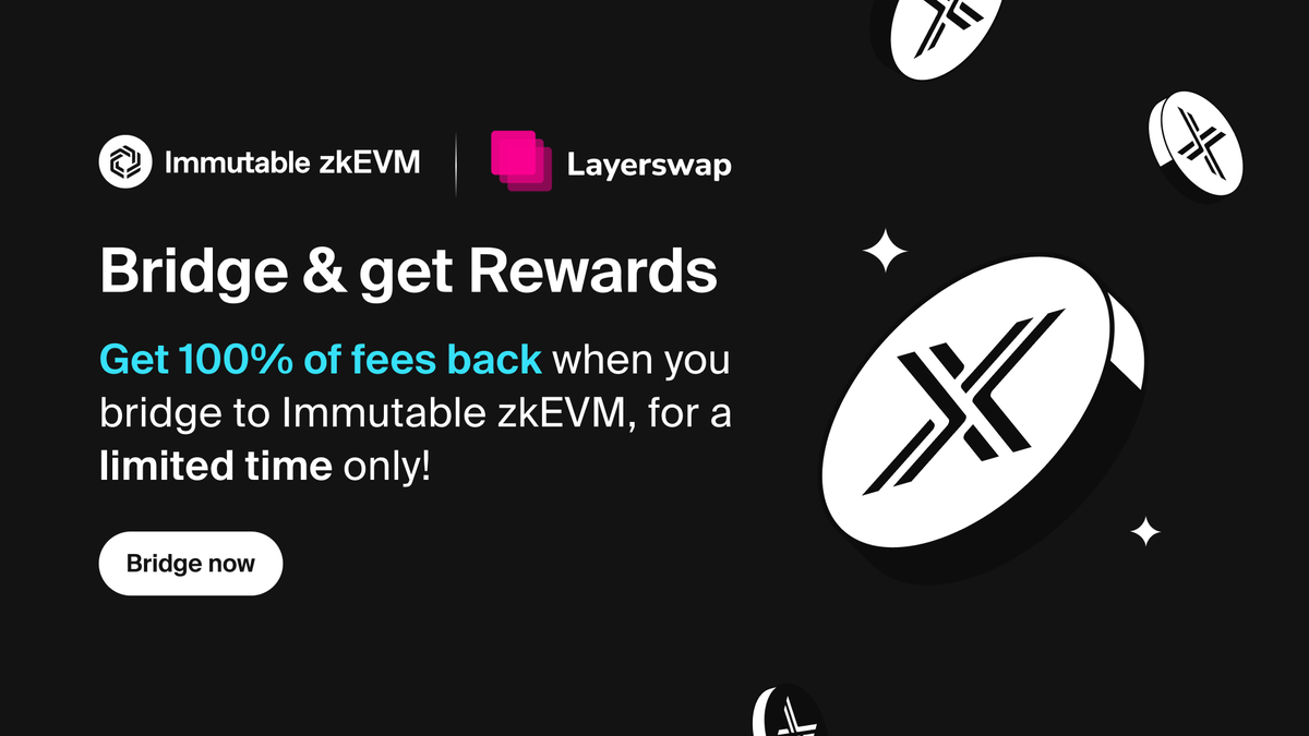 Immutable's tweet photo. Bridge for free and get rewards.

Bridge directly with @layerswap from any supported chain to Immutable zkEVM for free by getting 100% of fees back. #DoQuestsGetRewards

Only available until 29 April 2024, 00:00 UTC!

https://t.co/xmRnXTEJbD https://t.co/WKeXlKCryF