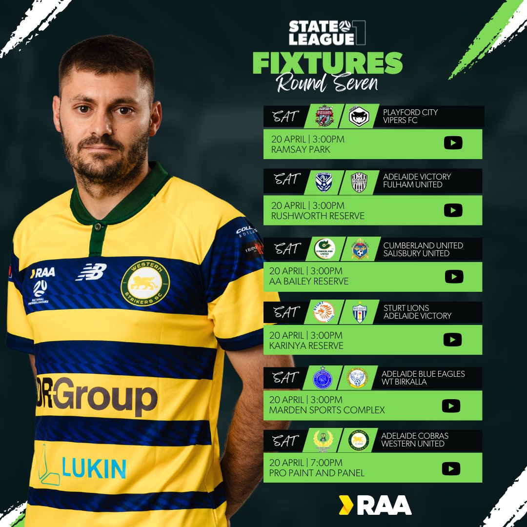 FSALeagues's tweet photo. Men's leagues return this weekend for Round 7! Check out the full fixtures now! β½
#RAANPLSA #StateLeague1 #StateLeague2 https://t.co/W01FCDlArZ