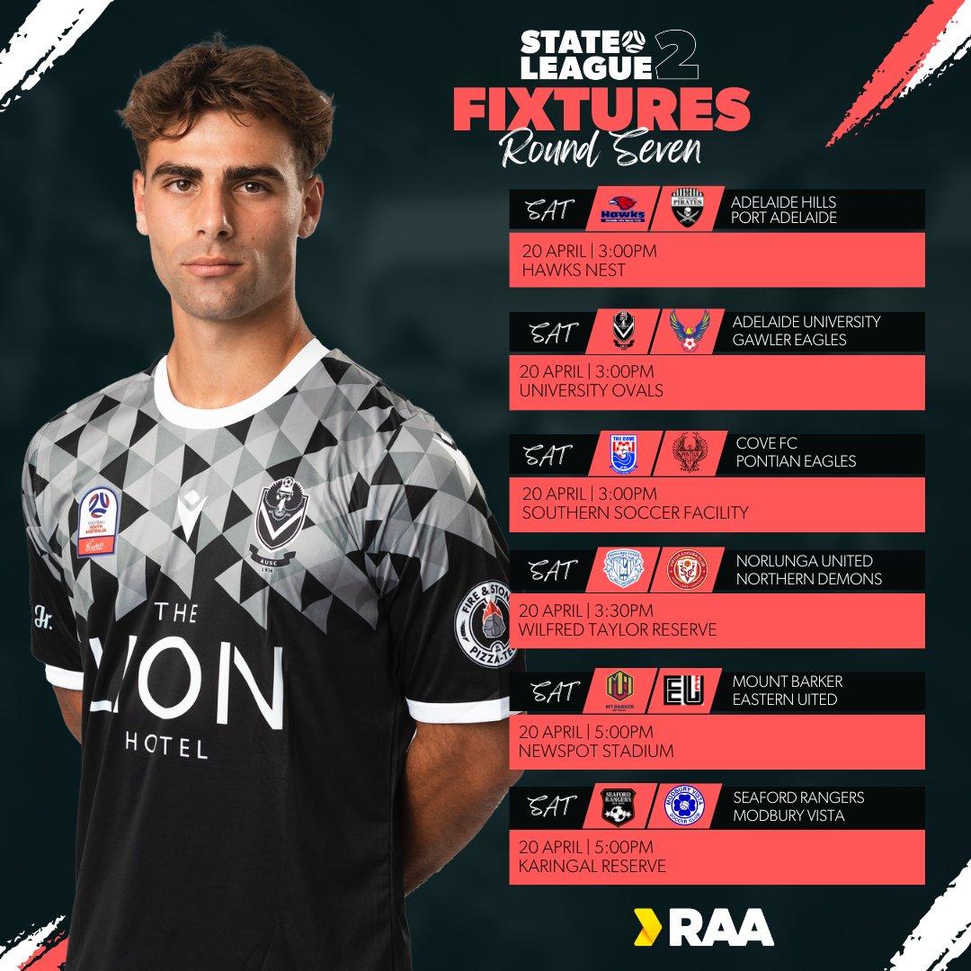 FSALeagues's tweet photo. Men's leagues return this weekend for Round 7! Check out the full fixtures now! β½
#RAANPLSA #StateLeague1 #StateLeague2 https://t.co/W01FCDlArZ
