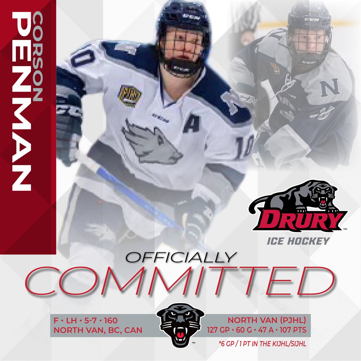 🚨COMMITMENT ALERT🚨 Let's start the week off with big commitment, Panthers fans! Welcome to the Drury campus, North Van, BC-native Corson Penman! Corson was nearly a point per game forward in 123 games for his hometown @NVanWolfPack in the @ThePJHL! eliteprospects.com/player/813199/…