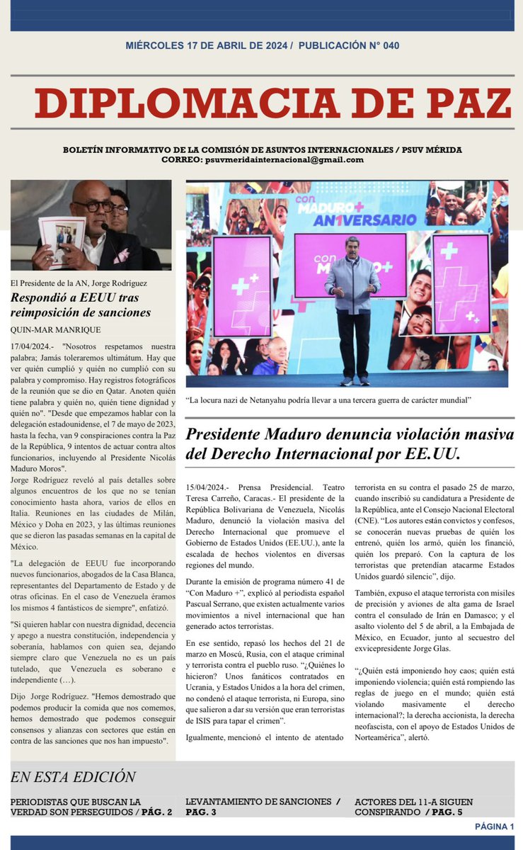 LoboMRamon's tweet photo. Ponemos a disposición de la militancia bolivariana el boletín Diplomacia de Paz Nro. 40.

https://t.co/2ruSepFdR3°-40-del-17-Abril-2024.pdf https://t.co/re1hnhsyjV