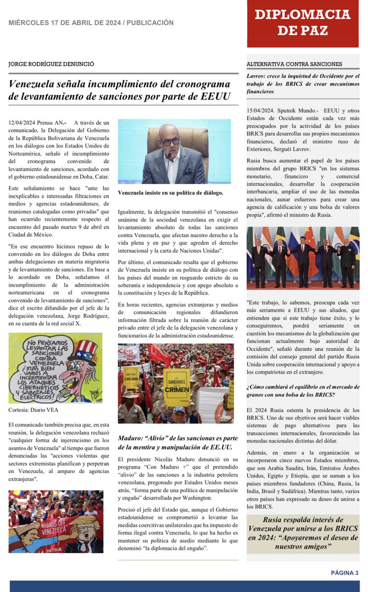 LoboMRamon's tweet photo. Ponemos a disposición de la militancia bolivariana el boletín Diplomacia de Paz Nro. 40.

https://t.co/2ruSepFdR3°-40-del-17-Abril-2024.pdf https://t.co/re1hnhsyjV
