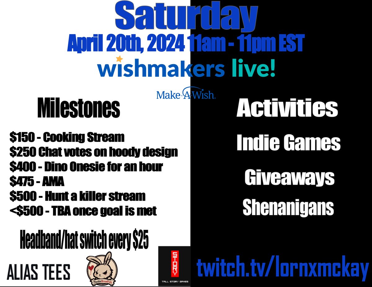 LornxMckay's tweet photo. This Saturday! 11am EST! Come hang out and donate to a good cause! We're raising money for @MakeAWish #WorldWishMonth ! It'll be super fun! Links in the bio place! @PlushieDreadful @tallstorygames @AliasTees https://t.co/ihKOssHhhX