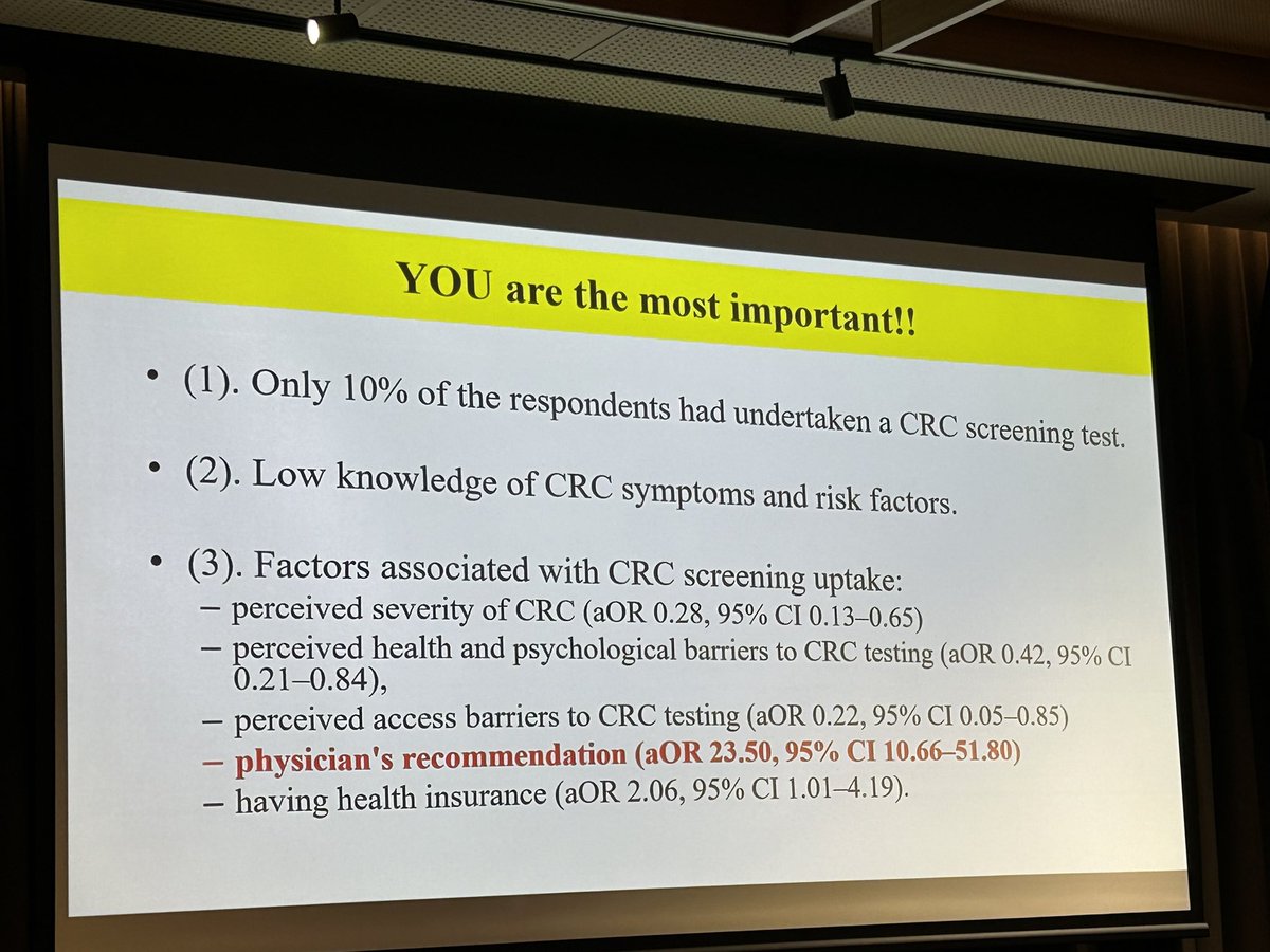 @drwong_martin’s fascinating plenary on CRC screening achievements in Hong Kong Also a reminder of GP importance in promoting CRC screening - pts 23x more likely to screen with physician recommendation 🏆 #CAPRI24