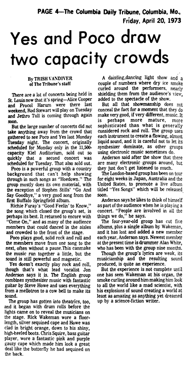 YES and Poco sold out their April 16, 1973 St. Louis, Missouri Kiel Auditorium concert so fast, that a second show was quickly added for April 17, 1973. Trish Vandiver reviews the two sell-out concerts for @columbiatribune. More at Forgotten Yesterdays: forgotten-yesterdays.com/dates.asp?qban…