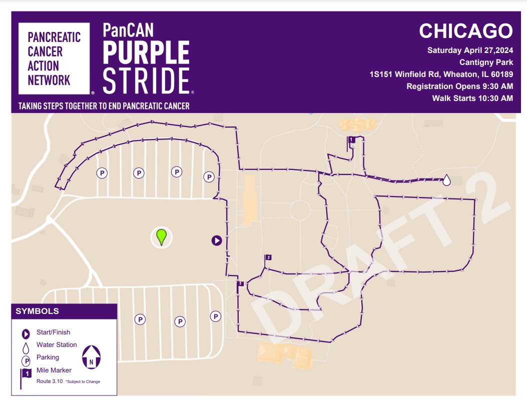 Check it out! This is the #Chicago @PanCAN #PurpleStride course at @CantignyPark. The walk STARTS at 10:30 a.m. on Saturday, April 27. You ready??? #wagehope💜