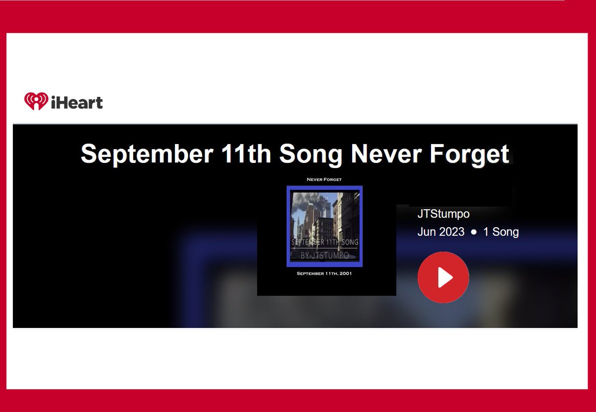 “September 11th Song Never Forget' by JTStumpo Music. Check the audio tracks out on iHeart Radio:

iheart.com/artist/id-4030…

#Country
#Folk
#Patriot
#September11thSongNeverForget
#September11
#NineEleven
#TwinTowers
#WTC
#WorldTradeCenter
#GroundZero
#HaveYouForgotten
#MAGA2024