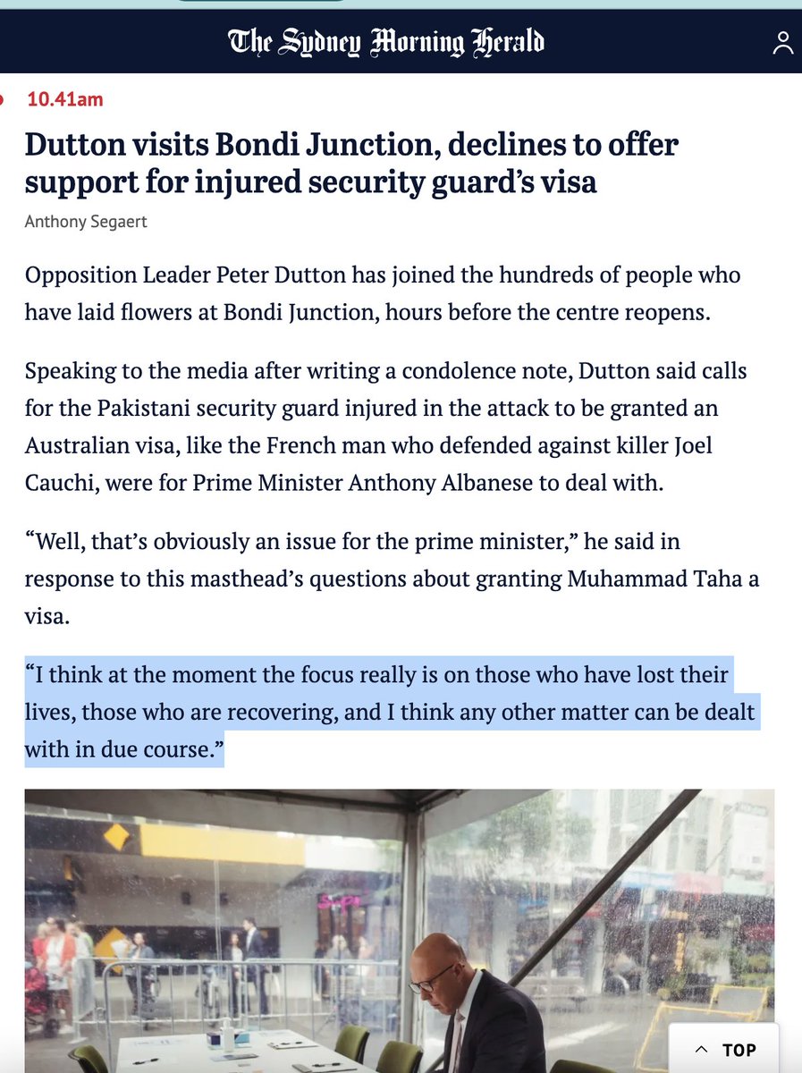 Dutton on French 'bollard man' being offered a permanent visa: 'I support the PM's generous offer... he embodies the Anzac spirit.' Dutton on the injured Pakistani security guard being offered the same: 'That's obviously an issue for the PM...' Can't make this shit up 🙃