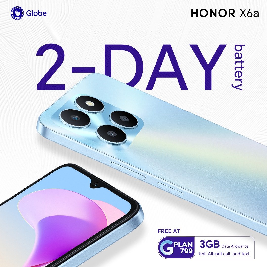 Avail the HONOR X6a today via GPlan 799! It comes with 3GB DATA + Unlimited Calls and Text to All Networks!

A phone that can capture your perfect selfies with its 50MP Triple Camera, and can be used for longer hours!