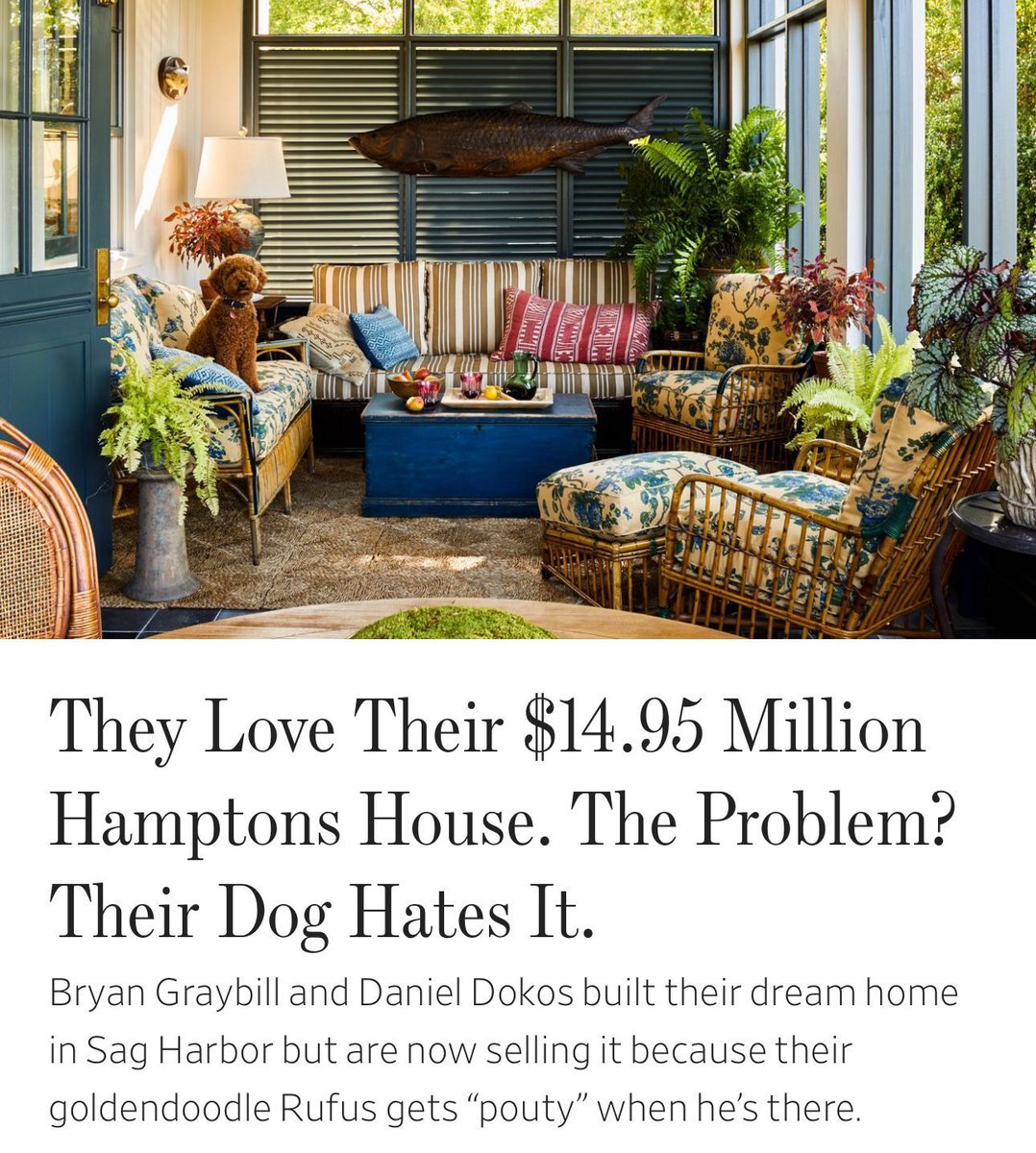 I do a lot of reporting from middle of somewhere America & I can assure you there is no class resentment for a lifestyle that sells their $14 million 2nd home in the Hamptons just because their dog a goldendoodle named Rufus pouts when the dog is there. No one envy’s this problem