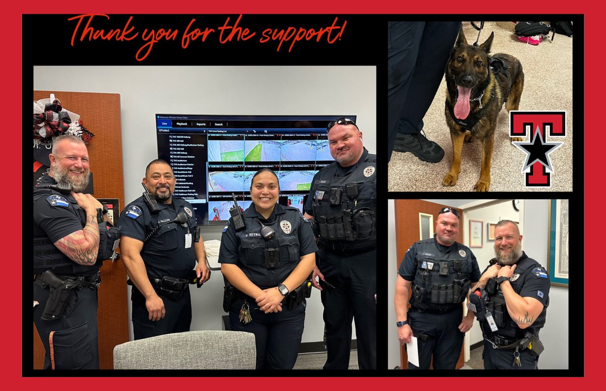 Thanks to Officers Edge, DeRoch, Falcon, Reyna, Calderon, & Sergeant Weishiemer! Love & peanut butter to Jumbo & Tigi 🐶! We will do all that we can to maintain a safe environment & your expertise & presence was much appreciated today! #HighExpectations ❤️