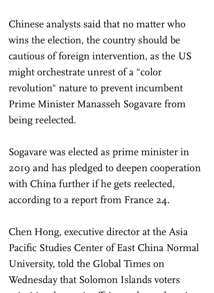Global Times on Solomon Islands election, citing “colour revolution” and Chen Hong: not exactly a staggeringly unpredictable combination