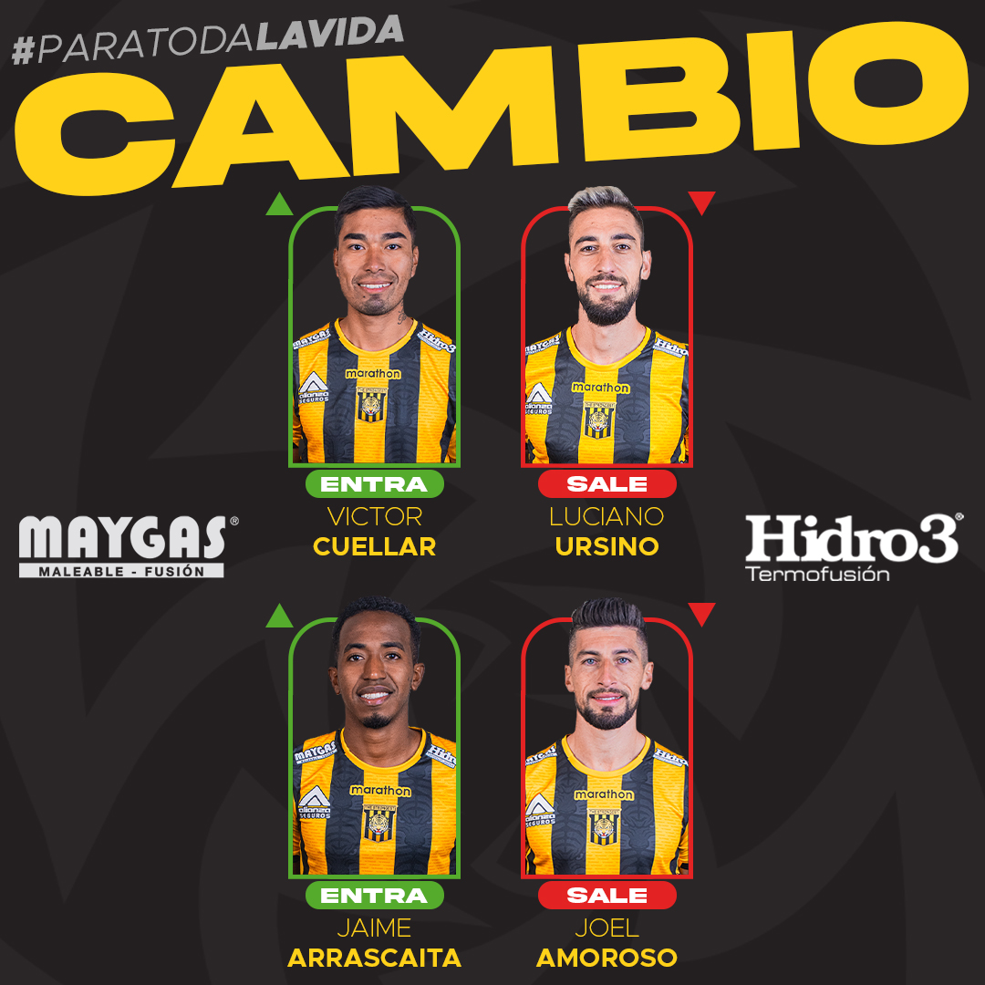 Los cambios llegan en los momentos precisos, acompañados de #Hidro3 y #Maygas 🐯🔁 66' ➡️ Victor Cuellar ⬅️ Luciano Ursino ➡️ Jaime Arrascaita ⬅️ Joel Amoroso #ClubTheStrongest #ParaTodaLaVida